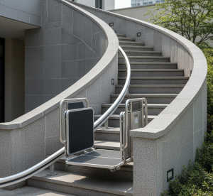 "Πλατφόρμα ανελκυστήρας σκάλας για ΑμεΑ σε ευθεία σκάλα, διπλωμένη για εξοικονόμηση χώρου, ιδανική για επαγγελματικούς χώρους."