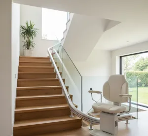 Σύγχρονος ανελκυστήρας σκάλας με καρεκλάκι εγκατεστημένος σε εσωτερική ξύλινη σκάλα, εναρμονισμένος με τη μίνιμαλ διακόσμηση του χώρου.