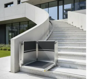Ανελκυστήρας σκάλας με πλατφόρμα για αμαξίδιο, εγκατεστημένος σε εξωτερική μαρμάρινη σκάλα για πλήρη προσβασιμότητα.