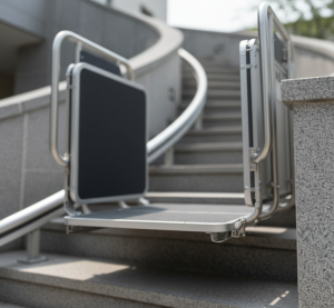 "Λεπτομερής εικόνα της αντιολισθητικής πλατφόρμας και των μπαρών ασφαλείας σε ανελκυστήρα σκάλας για αναπηρικό αμαξίδιο."