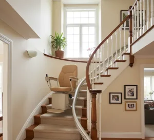 Ανελκυστήρας σκάλας με καρεκλάκι σε καμπύλη σκάλα, λύση προσβασιμότητας 