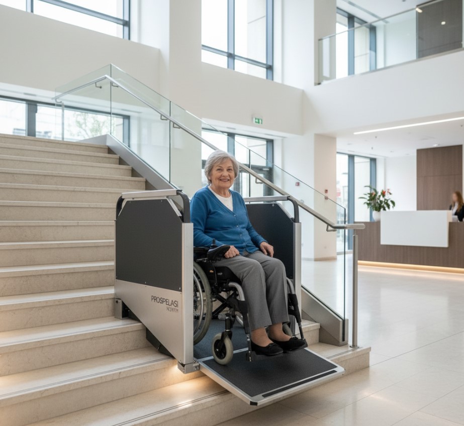 Πλατφόρμα σκάλας ΑΜΕΑ με χρήστη σε αναπηρικό αμαξίδιο.