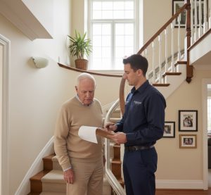 Τεχνικός της Prospelasi North μετράει σκάλα για εγκατάσταση αναβατορίου